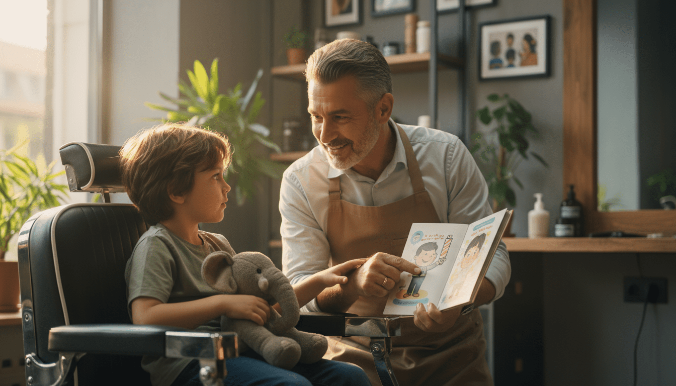 Photorealistic, cinematic, award-winning photograph capturing a tender moment of preparation for a child's haircut. A kind and patient barber, with a warm smile, is gently speaking to a young child (around 5-7 years old) sitting in a modern barber chair. The child looks slightly apprehensive but is engaging with the barber, perhaps holding a small, comforting toy. The barber is not actively cutting hair but is instead demonstrating the clippers in a non-threatening way, or perhaps showing the child a book about haircuts. The setting is a clean, well-lit, and welcoming barbershop interior, with subtle hints of warm wood and muted tones, suggesting a calm and inviting atmosphere. Soft, golden hour lighting illuminates the scene, creating a gentle and reassuring mood. The focus is on the interaction between the barber and child, highlighting the empathy and care involved in preparing a child for a haircut. Shallow depth of field blurs the background, emphasizing the connection. 8k resolution, extremely detailed, cinematic volumetric lighting, high contrast.