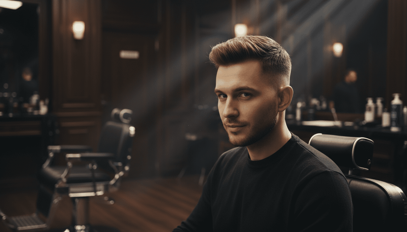 Cinematic, photorealistic medium shot of a stylish, well-groomed man in his late 20s showcasing a contemporary, trending hairstyle like a textured crop with a sharp fade. He is positioned in a dimly lit, high-end barbershop with rich, dark wood paneling, black leather seating, and subtle chrome accents, evoking a sophisticated, masculine atmosphere. The lighting is dramatic and cinematic, with volumetric rays catching dust motes in the air, highlighting the texture and sharpness of his hair and the contours of his face. He has a confident, knowing expression, subtly hinting at his awareness of current style. The focus is tack sharp on his hair and face, with a shallow depth of field creating a soft bokeh of the upscale barbershop environment in the background. The image embodies award-winning photography, 8k resolution, high contrast, and refined masculine aesthetic.