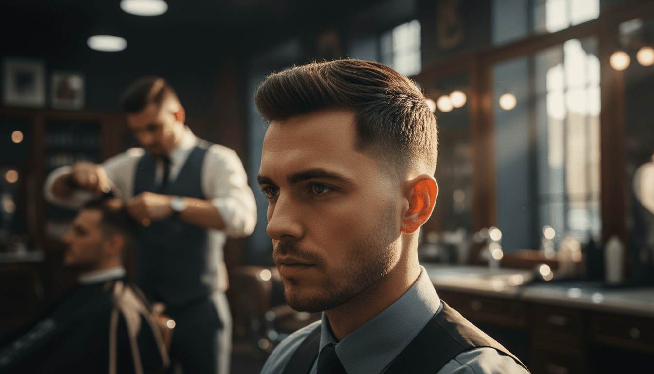 Photorealistic, cinematic shot of a stylish man in his late 20s with a sharp, modern short haircut, featuring a subtle textured crop on top with clean, faded sides, exuding confidence and precision. He is depicted in a high-end, contemporary barbershop setting characterized by dark wood, subtle ambient lighting, and polished chrome accents, evoking a sophisticated, masculine atmosphere. The focus is sharp on the man's hair and facial features, with a shallow depth of field creating a pleasing bokeh effect in the background. In the softly blurred background, a barber is meticulously working on another client's hair with high-quality clippers, emphasizing the expert craftsmanship and attention to detail. The lighting should mimic the warm glow of late afternoon sun, enhancing the rich textures of the hair and the environment. Award-winning photography, 8k, extremely detailed, cinematic volumetric lighting, high contrast.
