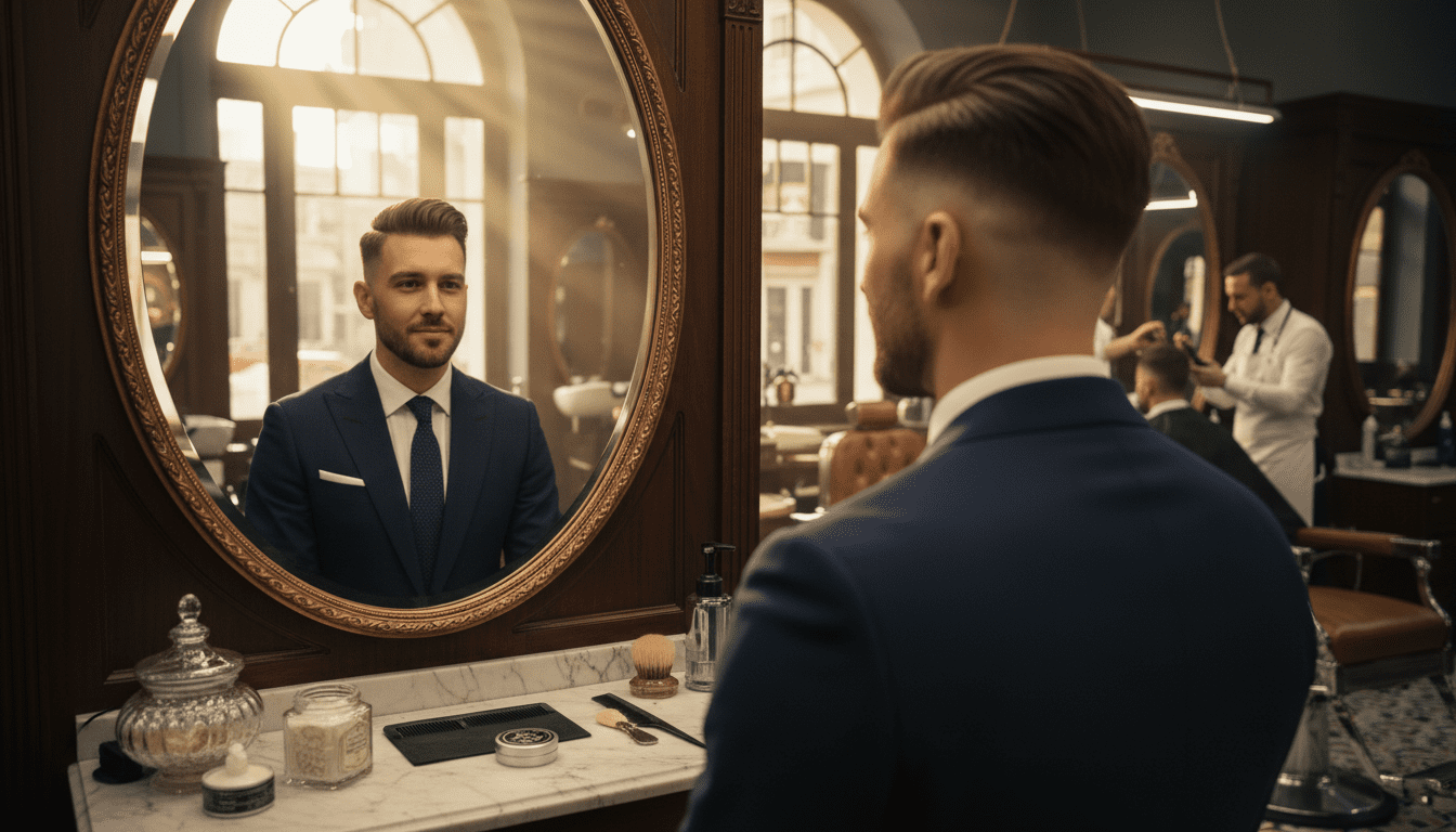 A photorealistic, cinematic image showcasing a stylish, well-groomed man in his late 20s to early 40s, confidently looking into a mirror within a high-end, modern-classic barbershop. The scene is illuminated by soft, volumetric golden hour lighting, highlighting the rich textures of dark wood, polished chrome, and plush leather seating. The man has a perfectly executed, contemporary haircut that complements his facial features, exuding sophistication and confidence. His expression is content and assured, reflecting the satisfaction of achieving his ideal look. In the subtle background, out of sharp focus, a professional barber is seen interacting with hair, perhaps holding clippers or a comb, emphasizing the expertise involved in achieving such a precise style without making the barber the primary subject. The shallow depth of field ensures the man and his haircut are the central focus, while the environment subtly communicates the premium barbershop experience. Award-winning photography, 8k, extremely detailed, high contrast.