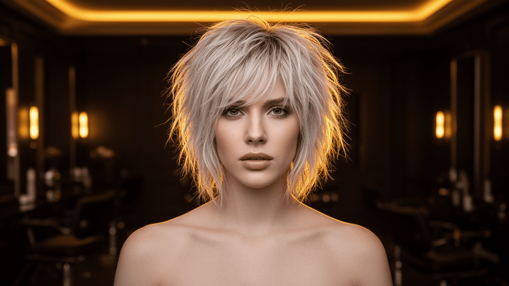 Ultra-photorealistic studio portrait of a White Female with a Choppy Layers hairstyle. They are facing forward. The camera is pulled back for a full-head view. Background: Moody, high-end luxury hair salon with deep espresso tones and warm bokeh. Cinematic amber rim lighting. Sharp focus, professional 8k photography.