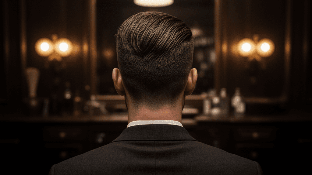 Ultra-photorealistic studio portrait of a White Male with a Classic Cut hairstyle. They are facing away. The camera is pulled back for a full-head view. Background: Moody, high-end vintage barbershop with deep espresso tones and warm bokeh. Cinematic amber rim lighting. Sharp focus, professional 8k photography.
