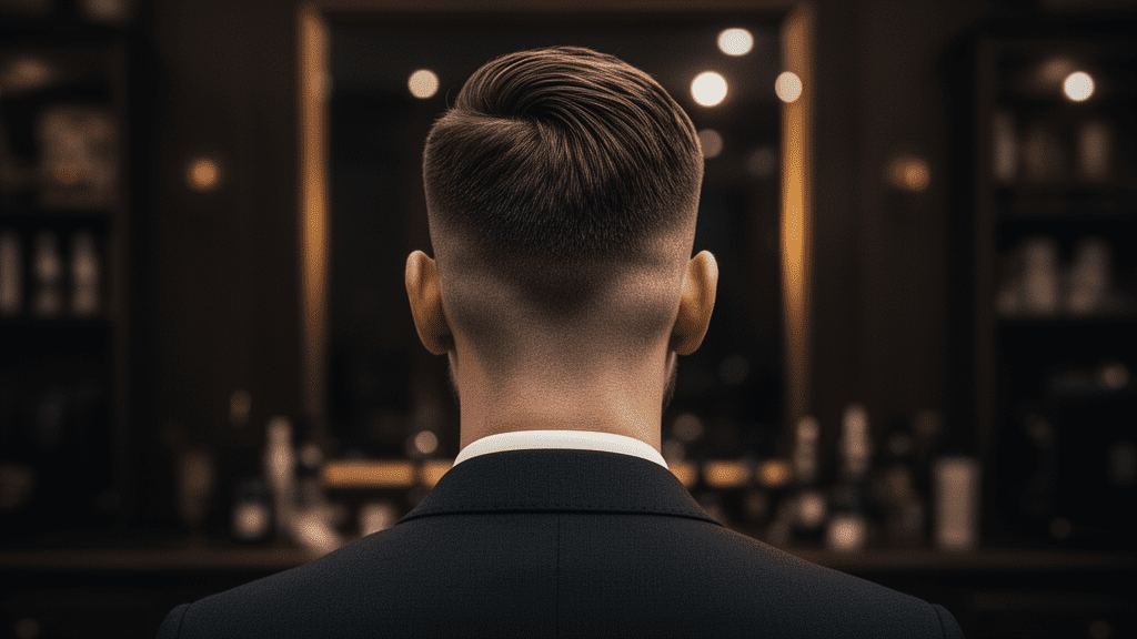Ultra-photorealistic studio portrait of a White Male with a Classic Taper hairstyle. They are facing away. The camera is pulled back for a full-head view. Background: Moody, high-end vintage barbershop with deep espresso tones and warm bokeh. Cinematic amber rim lighting. Sharp focus, professional 8k photography.