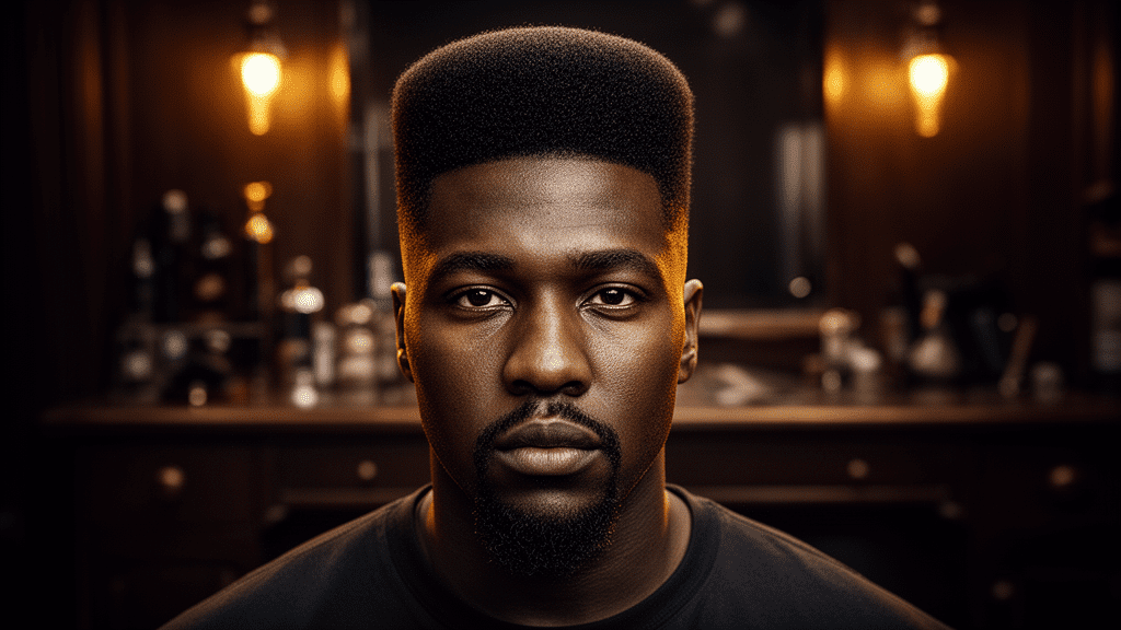 Ultra-photorealistic studio portrait of a Black Male with a Conk hairstyle. They are facing forward. The camera is pulled back for a full-head view. Background: Moody, high-end vintage barbershop with deep espresso tones and warm bokeh. Cinematic amber rim lighting. Sharp focus, professional 8k photography.