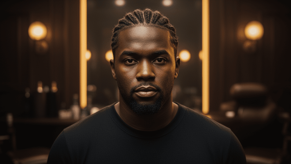 Ultra-photorealistic studio portrait of a Black Male with a Cornrows hairstyle. They are facing forward. The camera is pulled back for a full-head view. Background: Moody, high-end vintage barbershop with deep espresso tones and warm bokeh. Cinematic amber rim lighting. Sharp focus, professional 8k photography.