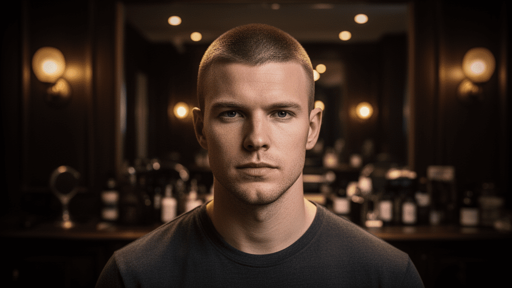 Ultra-photorealistic studio portrait of a White Male with a Crew Cut hairstyle. They are facing forward. The camera is pulled back for a full-head view. Background: Moody, high-end vintage barbershop with deep espresso tones and warm bokeh. Cinematic amber rim lighting. Sharp focus, professional 8k photography.