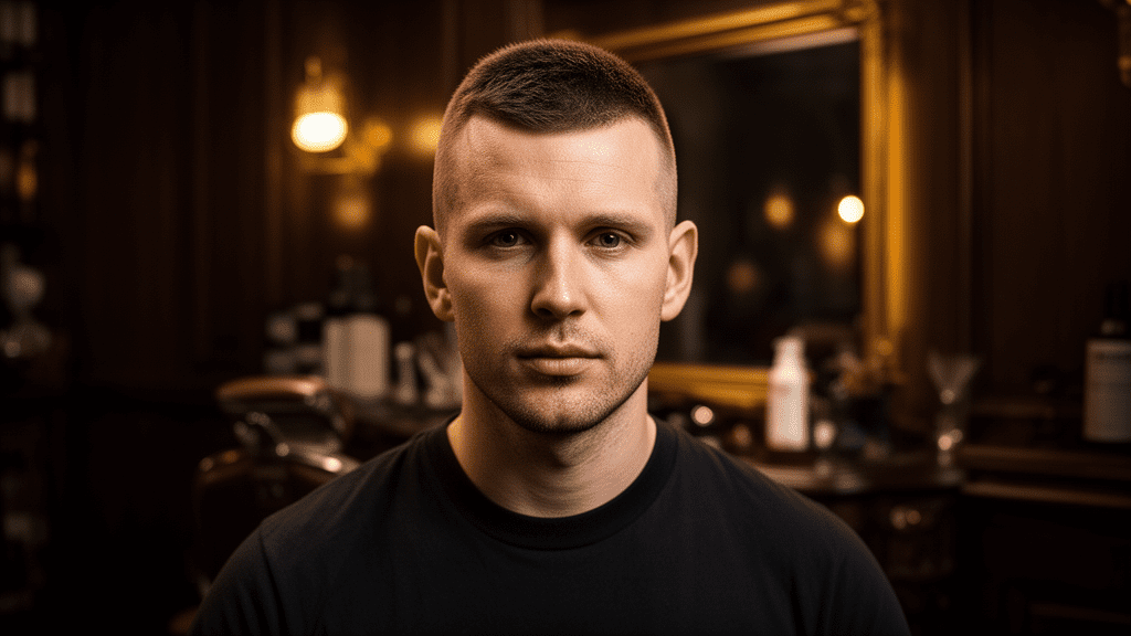 Ultra-photorealistic studio portrait of a White Male with a Cropped hairstyle. They are facing forward. The camera is pulled back for a full-head view. Background: Moody, high-end vintage barbershop with deep espresso tones and warm bokeh. Cinematic amber rim lighting. Sharp focus, professional 8k photography.