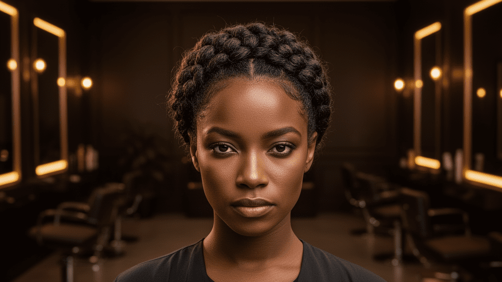 Ultra-photorealistic studio portrait of a Black Female with a Crown Braid hairstyle. They are facing forward. The camera is pulled back for a full-head view. Background: Moody, high-end luxury hair salon with deep espresso tones and warm bokeh. Cinematic amber rim lighting. Sharp focus, professional 8k photography.