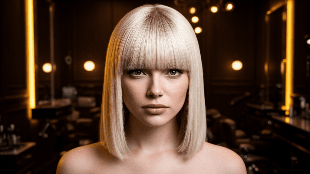 Ultra-photorealistic studio portrait of a White Female with a Curtain Bangs hairstyle. They are facing forward. The camera is pulled back for a full-head view. Background: Moody, high-end luxury hair salon with deep espresso tones and warm bokeh. Cinematic amber rim lighting. Sharp focus, professional 8k photography.