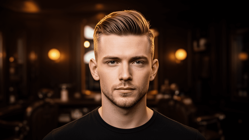 Ultra-photorealistic studio portrait of a White Male with a Dandy Cut hairstyle. They are facing forward. The camera is pulled back for a full-head view. Background: Moody, high-end vintage barbershop with deep espresso tones and warm bokeh. Cinematic amber rim lighting. Sharp focus, professional 8k photography.