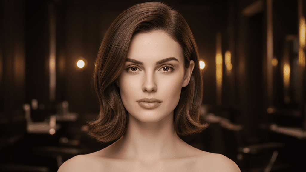 Ultra-photorealistic studio portrait of a White Female with a Deep Side Part hairstyle. They are facing forward. The camera is pulled back for a full-head view. Background: Moody, high-end luxury hair salon with deep espresso tones and warm bokeh. Cinematic amber rim lighting. Sharp focus, professional 8k photography.