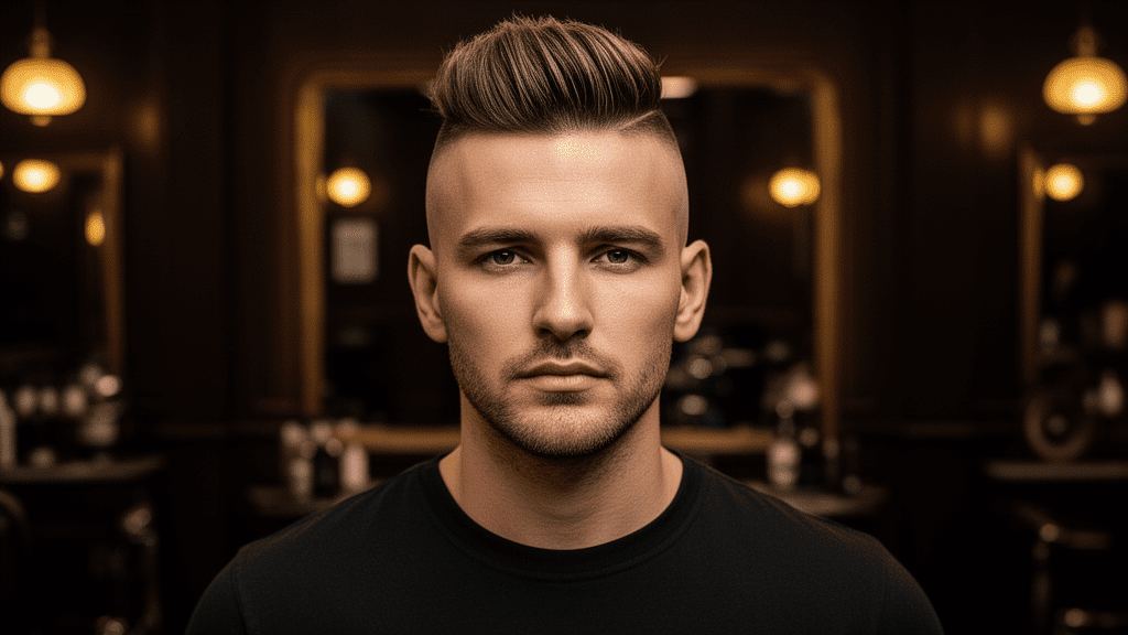 Ultra-photorealistic studio portrait of a White Male with a Fade with Quiff hairstyle. They are facing forward. The camera is pulled back for a full-head view. Background: Moody, high-end vintage barbershop with deep espresso tones and warm bokeh. Cinematic amber rim lighting. Sharp focus, professional 8k photography.