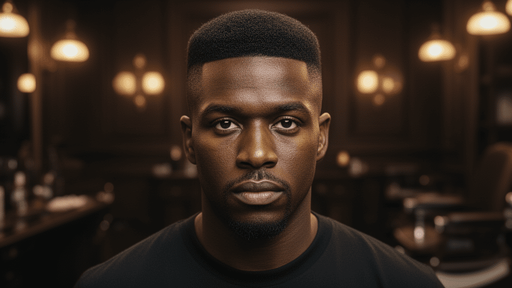 Ultra-photorealistic studio portrait of a Black Male with a High and Tight Fade hairstyle. They are facing forward. The camera is pulled back for a full-head view. Background: Moody, high-end vintage barbershop with deep espresso tones and warm bokeh. Cinematic amber rim lighting. Sharp focus, professional 8k photography.