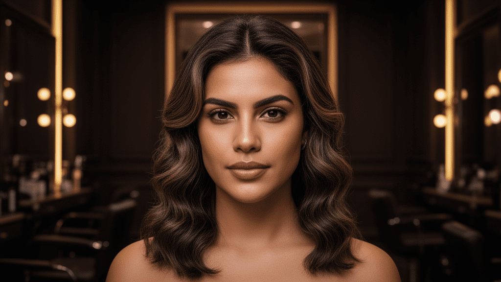 Ultra-photorealistic studio portrait of a Hispanic Female with a Invisible Layers hairstyle. They are facing forward. The camera is pulled back for a full-head view. Background: Moody, high-end luxury hair salon with deep espresso tones and warm bokeh. Cinematic amber rim lighting. Sharp focus, professional 8k photography.