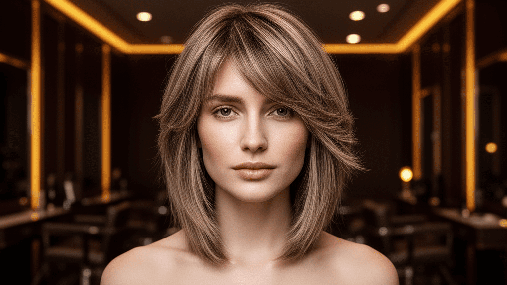 Ultra-photorealistic studio portrait of a White Female with a Layered Cut hairstyle. They are facing forward. The camera is pulled back for a full-head view. Background: Moody, high-end luxury hair salon with deep espresso tones and warm bokeh. Cinematic amber rim lighting. Sharp focus, professional 8k photography.