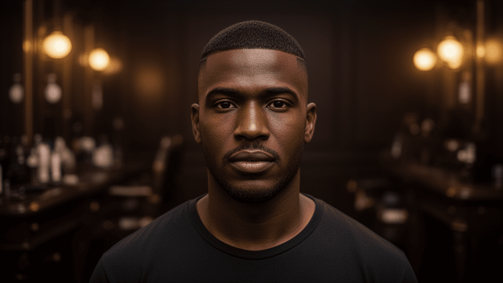Ultra-photorealistic studio portrait of a Black Male with a Line Up hairstyle. They are facing forward. The camera is pulled back for a full-head view. Background: Moody, high-end vintage barbershop with deep espresso tones and warm bokeh. Cinematic amber rim lighting. Sharp focus, professional 8k photography.