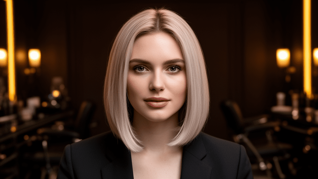Ultra-photorealistic studio portrait of a White Female with a Lob hairstyle. They are facing forward. The camera is pulled back for a full-head view. Background: Moody, high-end luxury hair salon with deep espresso tones and warm bokeh. Cinematic amber rim lighting. Sharp focus, professional 8k photography.