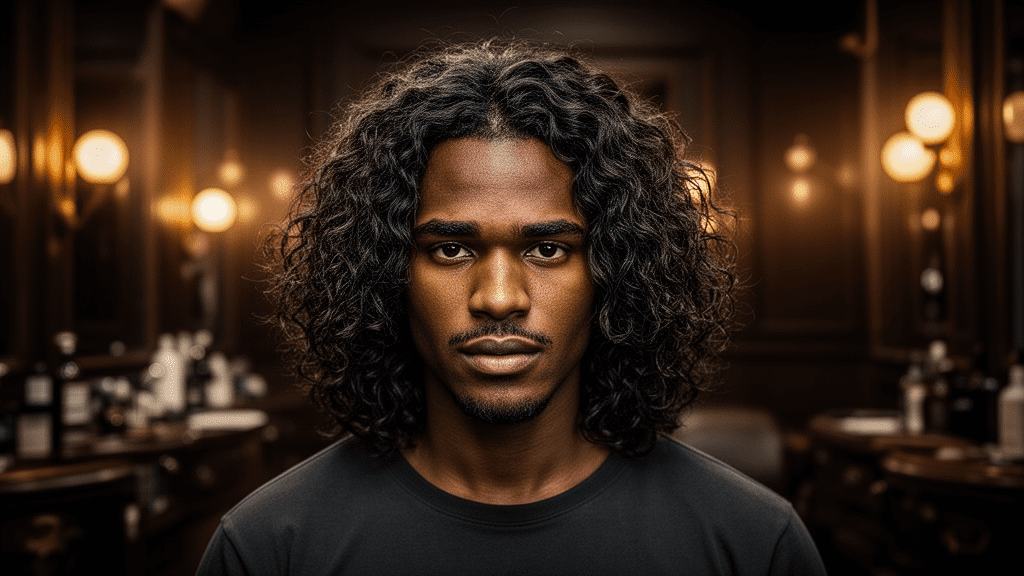 Ultra-photorealistic studio portrait of a Black Male with a Loose Waves hairstyle. They are facing forward. The camera is pulled back for a full-head view. Background: Moody, high-end vintage barbershop with deep espresso tones and warm bokeh. Cinematic amber rim lighting. Sharp focus, professional 8k photography.