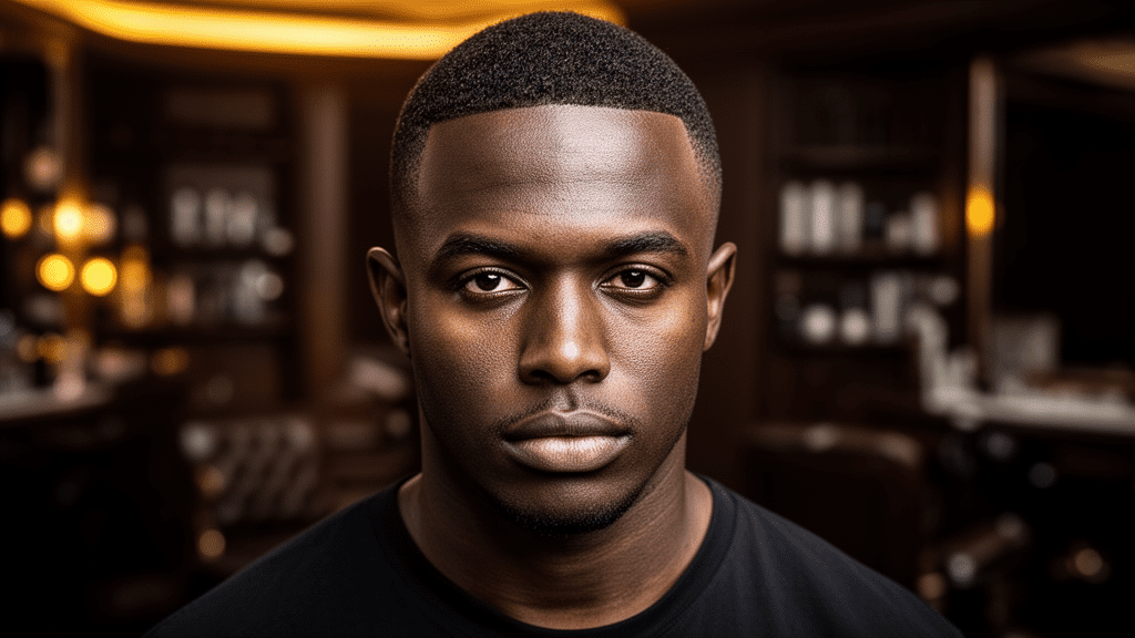 Ultra-photorealistic studio portrait of a Black Male with a Low Fade hairstyle. They are facing forward. The camera is pulled back for a full-head view. Background: Moody, high-end vintage barbershop with deep espresso tones and warm bokeh. Cinematic amber rim lighting. Sharp focus, professional 8k photography.