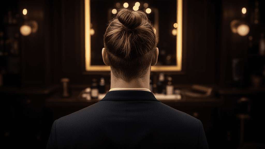 Ultra-photorealistic studio portrait of a White Male with a Man Bun hairstyle. They are facing away. The camera is pulled back for a full-head view. Background: Moody, high-end vintage barbershop with deep espresso tones and warm bokeh. Cinematic amber rim lighting. Sharp focus, professional 8k photography.