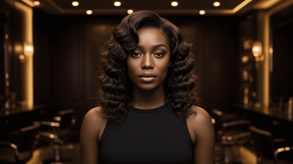 Ultra-photorealistic studio portrait of a Black Female with a Marcel Wave hairstyle. They are facing forward. The camera is pulled back for a full-head view. Background: Moody, high-end luxury hair salon with deep espresso tones and warm bokeh. Cinematic amber rim lighting. Sharp focus, professional 8k photography.