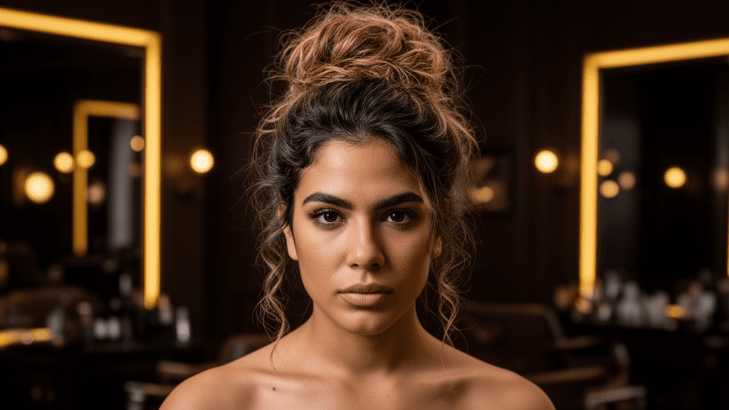 Ultra-photorealistic studio portrait of a Hispanic Female with a Messy Bun hairstyle. They are facing forward. The camera is pulled back for a full-head view. Background: Moody, high-end luxury hair salon with deep espresso tones and warm bokeh. Cinematic amber rim lighting. Sharp focus, professional 8k photography.