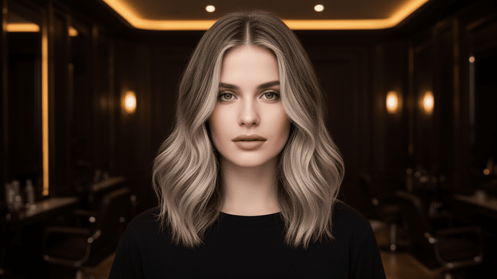 Ultra-photorealistic studio portrait of a White Female with a Midi Flick hairstyle. They are facing forward. The camera is pulled back for a full-head view. Background: Moody, high-end luxury hair salon with deep espresso tones and warm bokeh. Cinematic amber rim lighting. Sharp focus, professional 8k photography.
