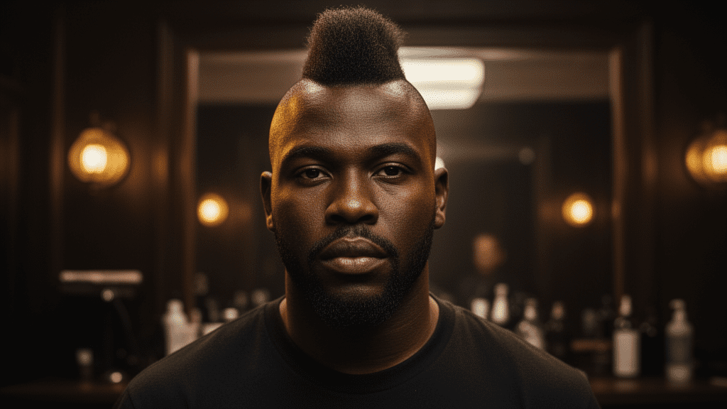 Ultra-photorealistic studio portrait of a Black Male with a Mohawk hairstyle. They are facing forward. The camera is pulled back for a full-head view. Background: Moody, high-end vintage barbershop with deep espresso tones and warm bokeh. Cinematic amber rim lighting. Sharp focus, professional 8k photography.