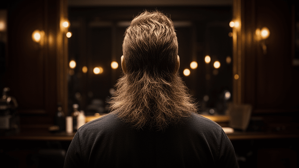 Ultra-photorealistic studio portrait of a White Male with a Mullet hairstyle. They are facing away. The camera is pulled back for a full-head view. Background: Moody, high-end vintage barbershop with deep espresso tones and warm bokeh. Cinematic amber rim lighting. Sharp focus, professional 8k photography.