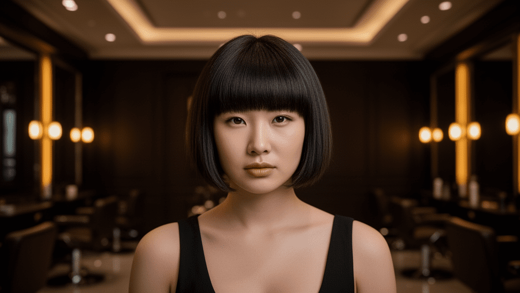 Ultra-photorealistic studio portrait of a Asian Female with a Pageboy hairstyle. They are facing forward. The camera is pulled back for a full-head view. Background: Moody, high-end luxury hair salon with deep espresso tones and warm bokeh. Cinematic amber rim lighting. Sharp focus, professional 8k photography.
