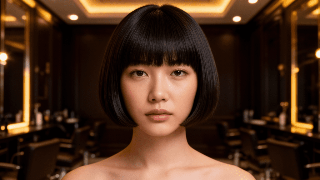 Ultra-photorealistic studio portrait of a Asian Female with a Paper Cut Bob hairstyle. They are facing forward. The camera is pulled back for a full-head view. Background: Moody, high-end luxury hair salon with deep espresso tones and warm bokeh. Cinematic amber rim lighting. Sharp focus, professional 8k photography.