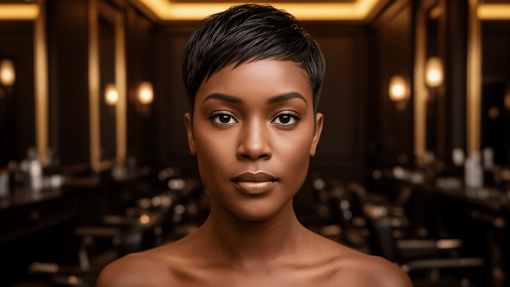 Ultra-photorealistic studio portrait of a Black Female with a Pixie Cut hairstyle. They are facing forward. The camera is pulled back for a full-head view. Background: Moody, high-end luxury hair salon with deep espresso tones and warm bokeh. Cinematic amber rim lighting. Sharp focus, professional 8k photography.
