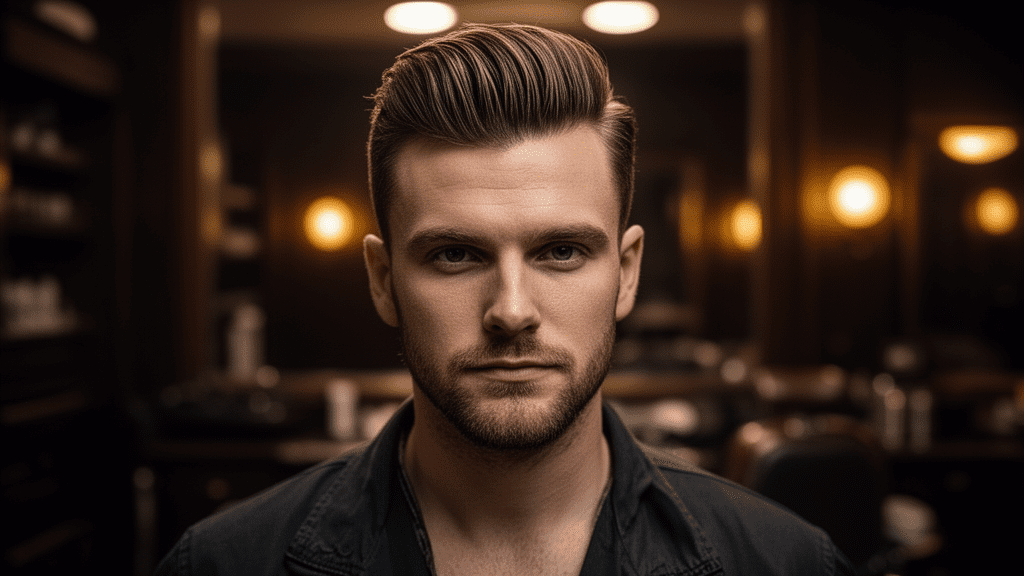 Ultra-photorealistic studio portrait of a White Male with a Pompadour hairstyle. They are facing forward. The camera is pulled back for a full-head view. Background: Moody, high-end vintage barbershop with deep espresso tones and warm bokeh. Cinematic amber rim lighting. Sharp focus, professional 8k photography.