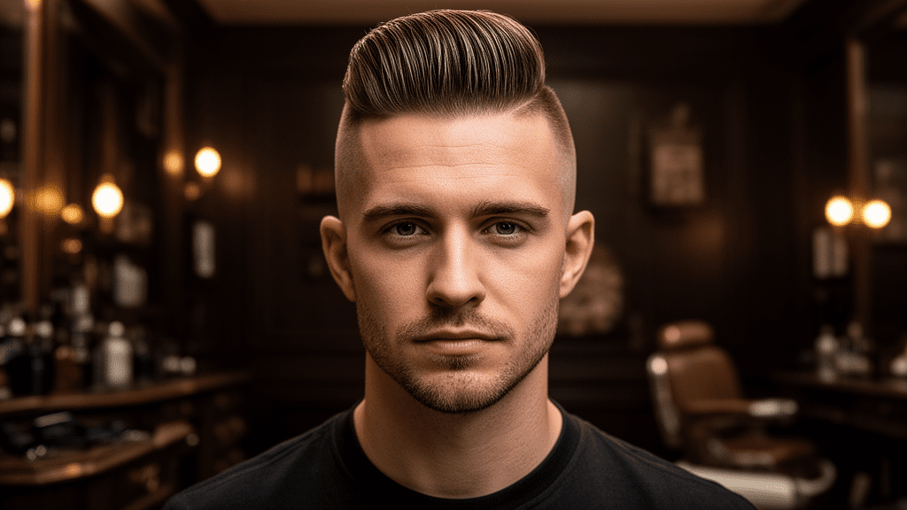 Ultra-photorealistic studio portrait of a White Male with a Pompadour Fade hairstyle. They are facing forward. The camera is pulled back for a full-head view. Background: Moody, high-end vintage barbershop with deep espresso tones and warm bokeh. Cinematic amber rim lighting. Sharp focus, professional 8k photography.