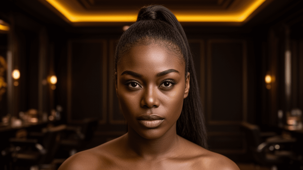 Ultra-photorealistic studio portrait of a Black Female with a Ponytail hairstyle. They are facing forward. The camera is pulled back for a full-head view. Background: Moody, high-end luxury hair salon with deep espresso tones and warm bokeh. Cinematic amber rim lighting. Sharp focus, professional 8k photography.