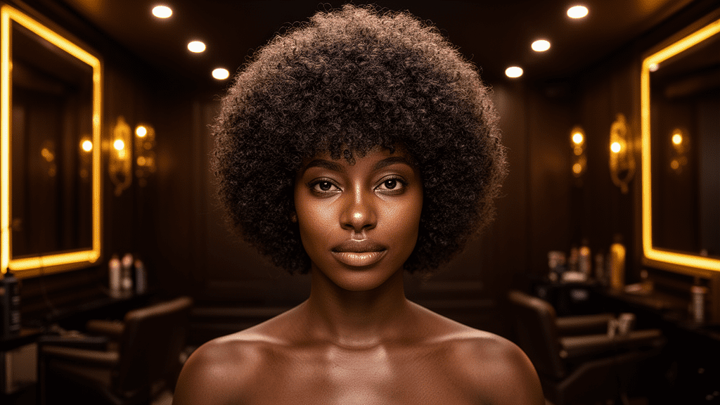 Ultra-photorealistic studio portrait of a Black Female with a Poodle Perm hairstyle. They are facing forward. The camera is pulled back for a full-head view. Background: Moody, high-end luxury hair salon with deep espresso tones and warm bokeh. Cinematic amber rim lighting. Sharp focus, professional 8k photography.