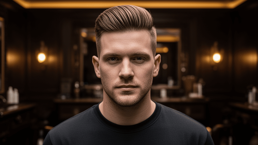 Ultra-photorealistic studio portrait of a White Male with a Princeton hairstyle. They are facing forward. The camera is pulled back for a full-head view. Background: Moody, high-end vintage barbershop with deep espresso tones and warm bokeh. Cinematic amber rim lighting. Sharp focus, professional 8k photography.
