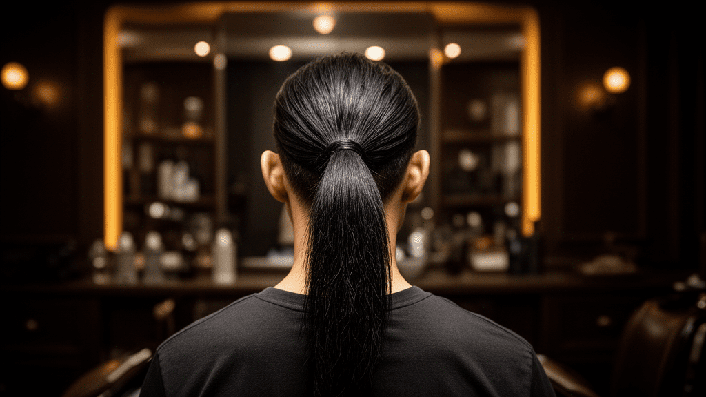 Ultra-photorealistic studio portrait of a Asian Male with a Rattail hairstyle. They are facing away. The camera is pulled back for a full-head view. Background: Moody, high-end vintage barbershop with deep espresso tones and warm bokeh. Cinematic amber rim lighting. Sharp focus, professional 8k photography.