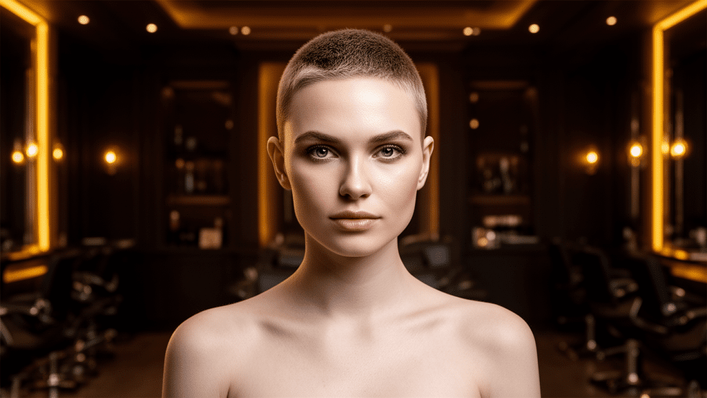 Ultra-photorealistic studio portrait of a White Female with a Razor Hairstyle hairstyle. They are facing forward. The camera is pulled back for a full-head view. Background: Moody, high-end luxury hair salon with deep espresso tones and warm bokeh. Cinematic amber rim lighting. Sharp focus, professional 8k photography.