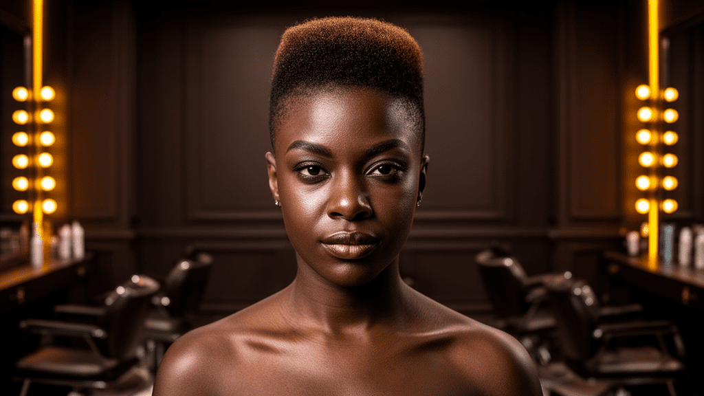 Ultra-photorealistic studio portrait of a Black Female with a Rezo Cut hairstyle. They are facing forward. The camera is pulled back for a full-head view. Background: Moody, high-end luxury hair salon with deep espresso tones and warm bokeh. Cinematic amber rim lighting. Sharp focus, professional 8k photography.