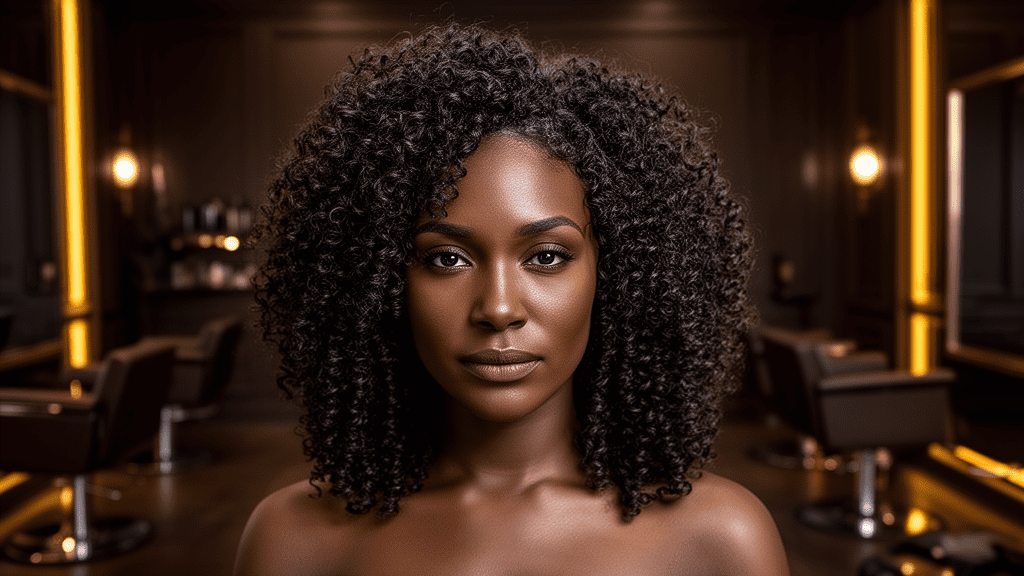 Ultra-photorealistic studio portrait of a Black Female with a Ringlets hairstyle. They are facing forward. The camera is pulled back for a full-head view. Background: Moody, high-end luxury hair salon with deep espresso tones and warm bokeh. Cinematic amber rim lighting. Sharp focus, professional 8k photography.