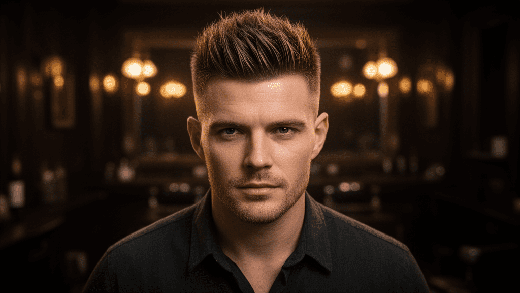 Ultra-photorealistic studio portrait of a White Male with a Rocker Cut hairstyle. They are facing forward. The camera is pulled back for a full-head view. Background: Moody, high-end vintage barbershop with deep espresso tones and warm bokeh. Cinematic amber rim lighting. Sharp focus, professional 8k photography.