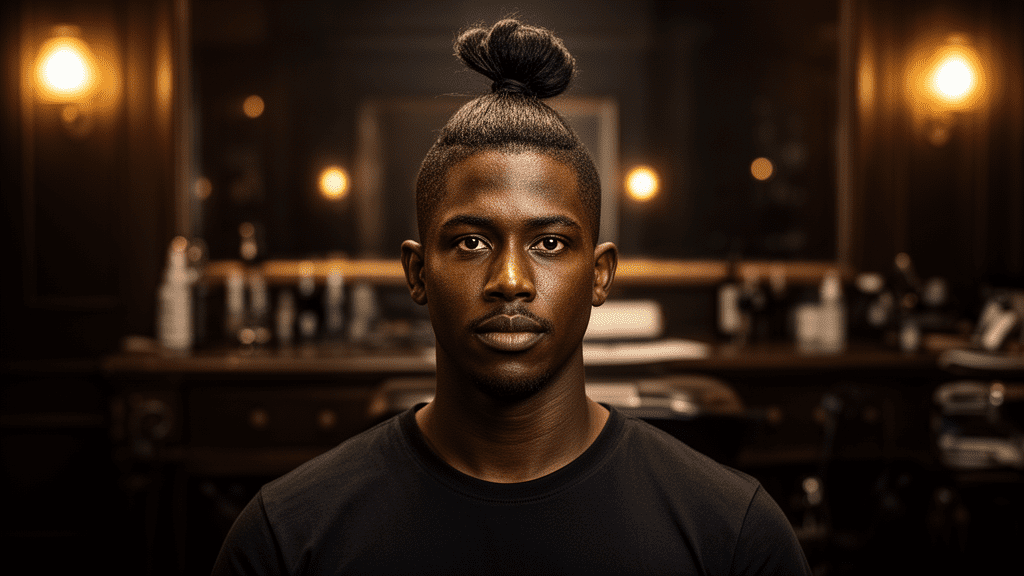 Ultra-photorealistic studio portrait of a Black Male with a Samurai Bun hairstyle. They are facing forward. The camera is pulled back for a full-head view. Background: Moody, high-end vintage barbershop with deep espresso tones and warm bokeh. Cinematic amber rim lighting. Sharp focus, professional 8k photography.