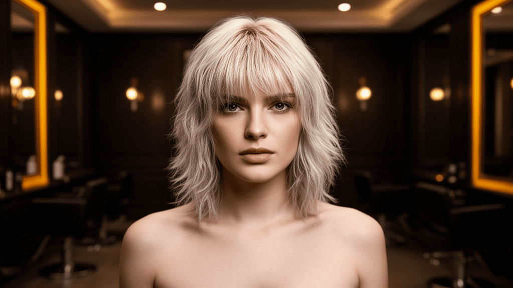 Ultra-photorealistic studio portrait of a White Female with a Shag hairstyle. They are facing forward. The camera is pulled back for a full-head view. Background: Moody, high-end luxury hair salon with deep espresso tones and warm bokeh. Cinematic amber rim lighting. Sharp focus, professional 8k photography.