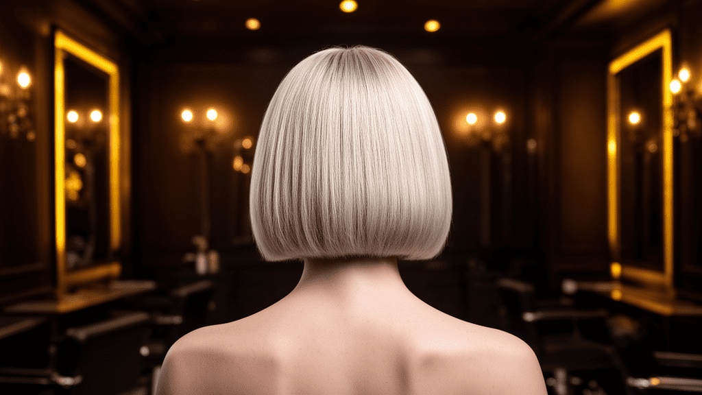 Ultra-photorealistic studio portrait of a White Female with a Shingle Bob hairstyle. They are facing away. The camera is pulled back for a full-head view. Background: Moody, high-end luxury hair salon with deep espresso tones and warm bokeh. Cinematic amber rim lighting. Sharp focus, professional 8k photography.