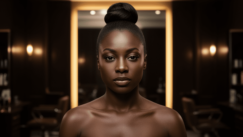 Ultra-photorealistic studio portrait of a Black Female with a Sleek Bun hairstyle. They are facing forward. The camera is pulled back for a full-head view. Background: Moody, high-end luxury hair salon with deep espresso tones and warm bokeh. Cinematic amber rim lighting. Sharp focus, professional 8k photography.