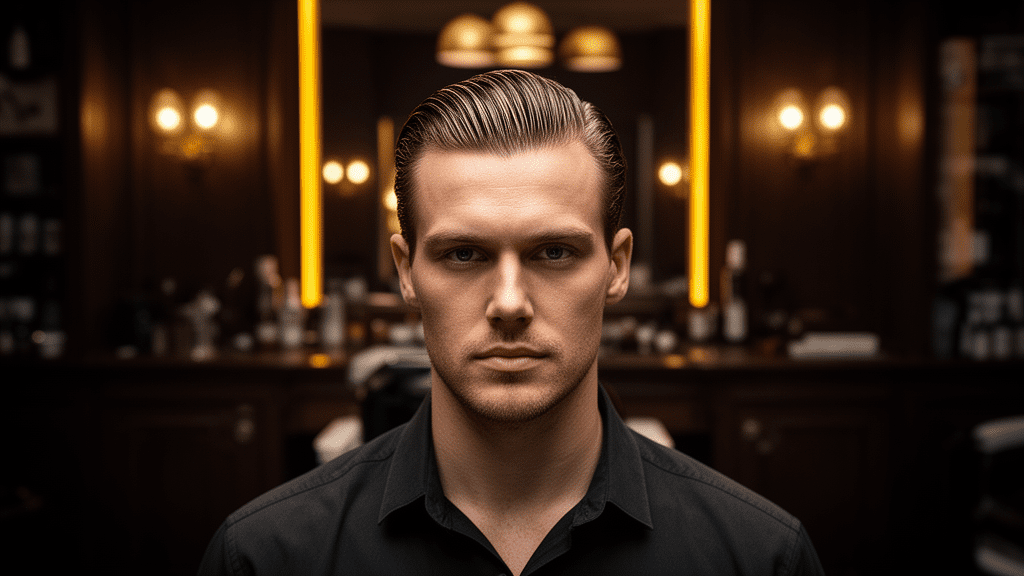 Ultra-photorealistic studio portrait of a White Male with a Slick Back hairstyle. They are facing forward. The camera is pulled back for a full-head view. Background: Moody, high-end vintage barbershop with deep espresso tones and warm bokeh. Cinematic amber rim lighting. Sharp focus, professional 8k photography.