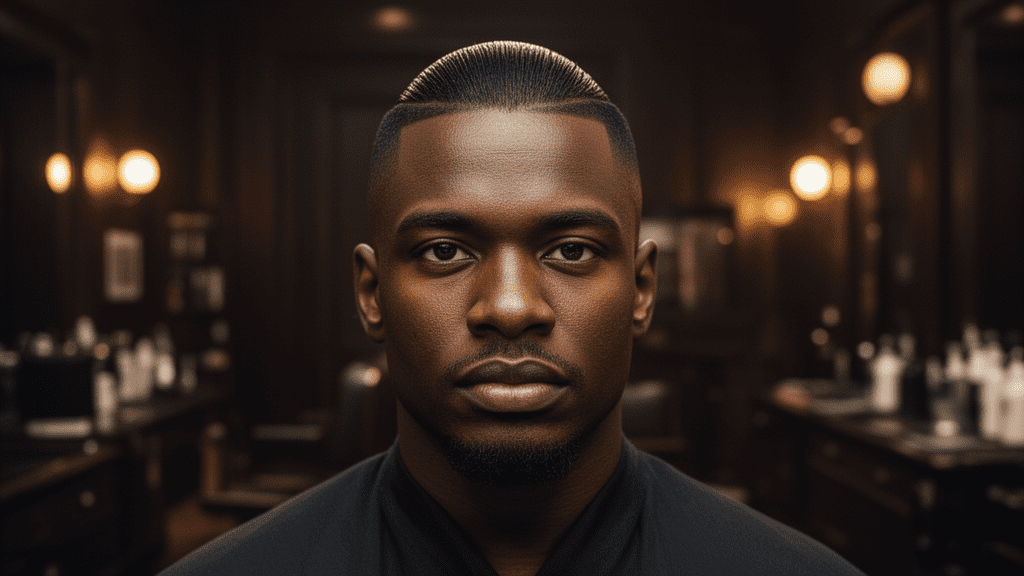 Ultra-photorealistic studio portrait of a Black Male with a Slick Back Fade hairstyle. They are facing forward. The camera is pulled back for a full-head view. Background: Moody, high-end vintage barbershop with deep espresso tones and warm bokeh. Cinematic amber rim lighting. Sharp focus, professional 8k photography.