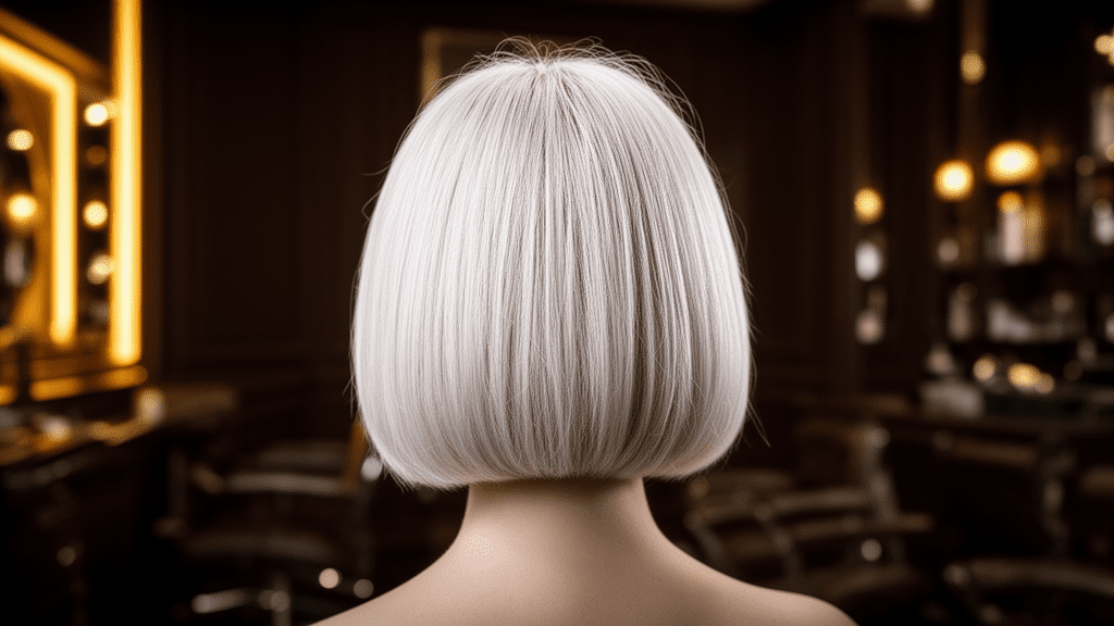 Ultra-photorealistic studio portrait of a White Female with a Stacked Bob hairstyle. They are facing away. The camera is pulled back for a full-head view. Background: Moody, high-end luxury hair salon with deep espresso tones and warm bokeh. Cinematic amber rim lighting. Sharp focus, professional 8k photography.