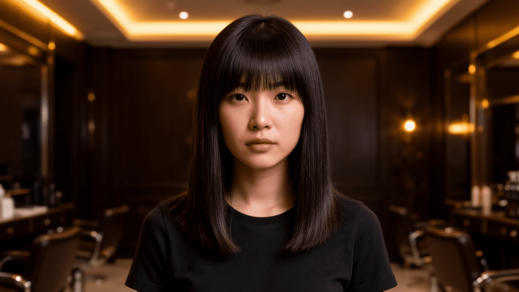 Ultra-photorealistic studio portrait of an Asian Female with a Straight Perm hairstyle. They are facing forward. The camera is pulled back for a full-head view. Background: Moody, high-end luxury hair salon with deep espresso tones and warm bokeh. Cinematic amber rim lighting. Sharp focus, professional 8k photography.